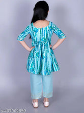 Green cotton tie-dye Anarkali/Flared Kurta & pant set for girls, featuring golden foil print. Soft fabric ensures comfortable all-day wear and optimal air circulation. Available in sizes 12-18 months to 9-10 years, made in India